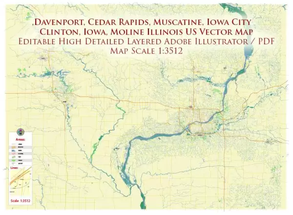 Davenport Area Iowa US Map Vector High Detailed editable Adobe Illustrator Map (included Muscatine, Iowa City, Cedar Rapids, Moline Illinois) in layers