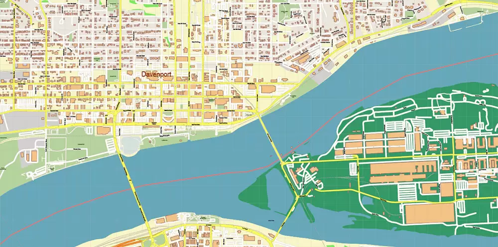 Davenport Area Iowa US PDF Vector Map: High Detailed editable Adobe PDF Map (included Muscatine, Iowa City, Cedar Rapids, Moline Illinois) in layers