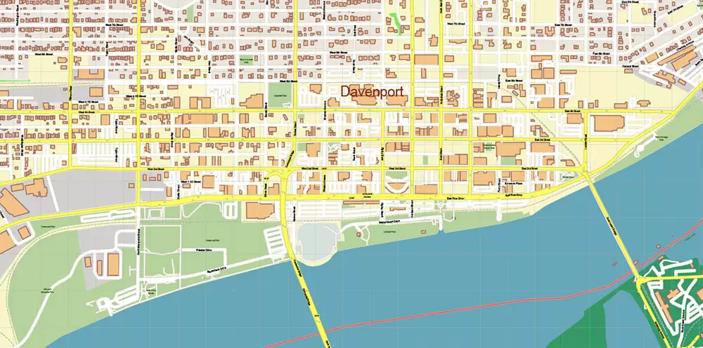 Davenport Area Iowa US PDF Vector Map: High Detailed editable Adobe PDF Map (included Muscatine, Iowa City, Cedar Rapids, Moline Illinois) in layers