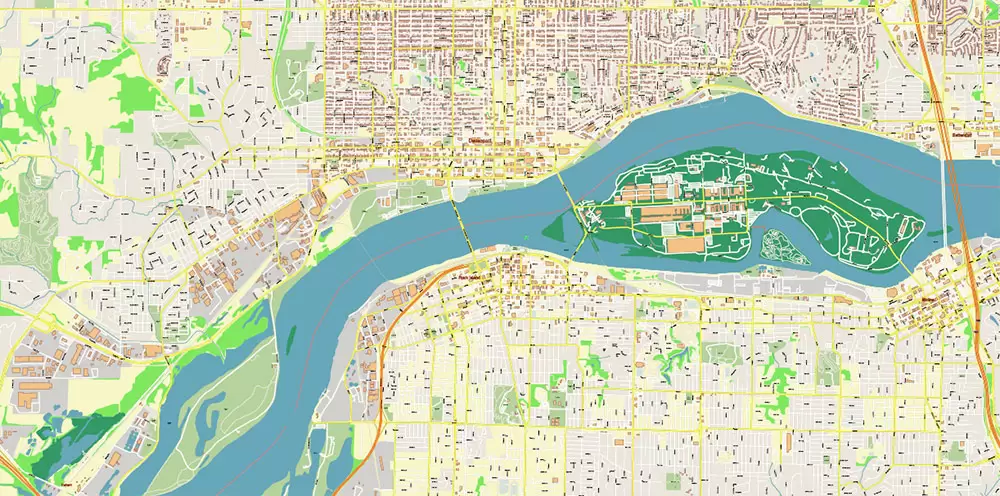 Davenport Area Iowa US PDF Vector Map: High Detailed editable Adobe PDF Map (included Muscatine, Iowa City, Cedar Rapids, Moline Illinois) in layers