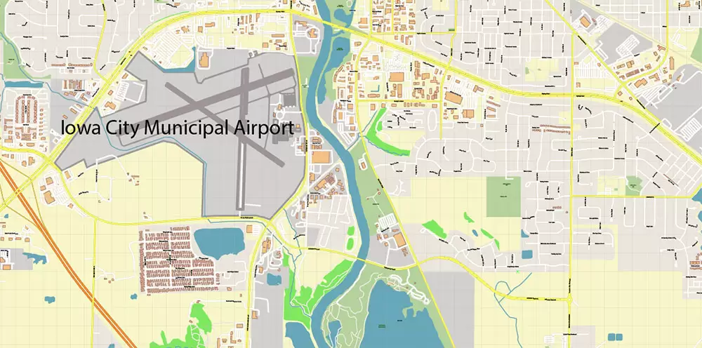 Davenport Area Iowa US PDF Vector Map: High Detailed editable Adobe PDF Map (included Muscatine, Iowa City, Cedar Rapids, Moline Illinois) in layers