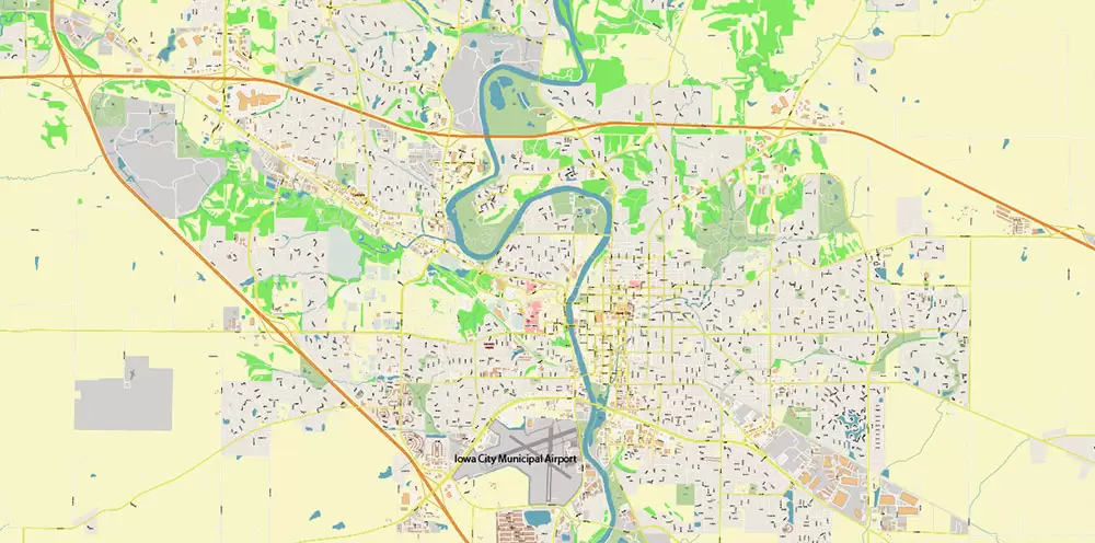 Davenport Area Iowa US PDF Vector Map: High Detailed editable Adobe PDF Map (included Muscatine, Iowa City, Cedar Rapids, Moline Illinois) in layers