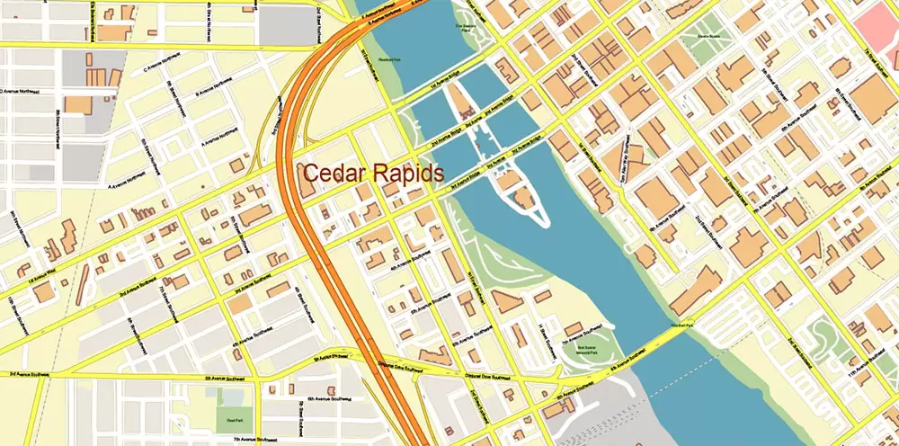 Davenport Area Iowa US PDF Vector Map: High Detailed editable Adobe PDF Map (included Muscatine, Iowa City, Cedar Rapids, Moline Illinois) in layers