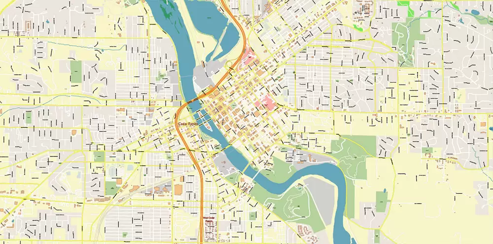 Davenport Area Iowa US PDF Vector Map: High Detailed editable Adobe PDF Map (included Muscatine, Iowa City, Cedar Rapids, Moline Illinois) in layers