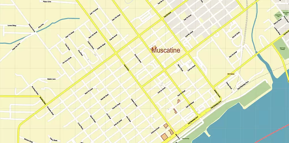 Davenport Area Iowa US PDF Vector Map: High Detailed editable Adobe PDF Map (included Muscatine, Iowa City, Cedar Rapids, Moline Illinois) in layers