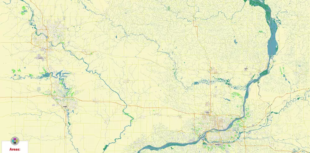 Davenport Area Iowa US PDF Vector Map: High Detailed editable Adobe PDF Map (included Muscatine, Iowa City, Cedar Rapids, Moline Illinois) in layers