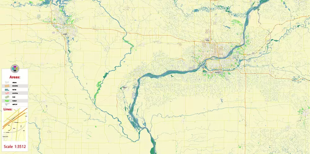 Davenport Area Iowa US PDF Vector Map: High Detailed editable Adobe PDF Map (included Muscatine, Iowa City, Cedar Rapids, Moline Illinois) in layers