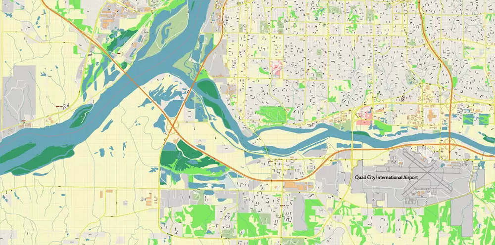 Davenport Area Iowa US PDF Vector Map: High Detailed editable Adobe PDF Map (included Muscatine, Iowa City, Cedar Rapids, Moline Illinois) in layers