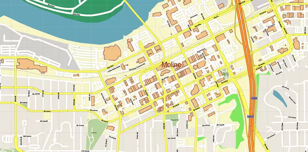 Davenport Area Iowa US PDF Vector Map: High Detailed editable Adobe PDF Map (included Muscatine, Iowa City, Cedar Rapids, Moline Illinois) in layers