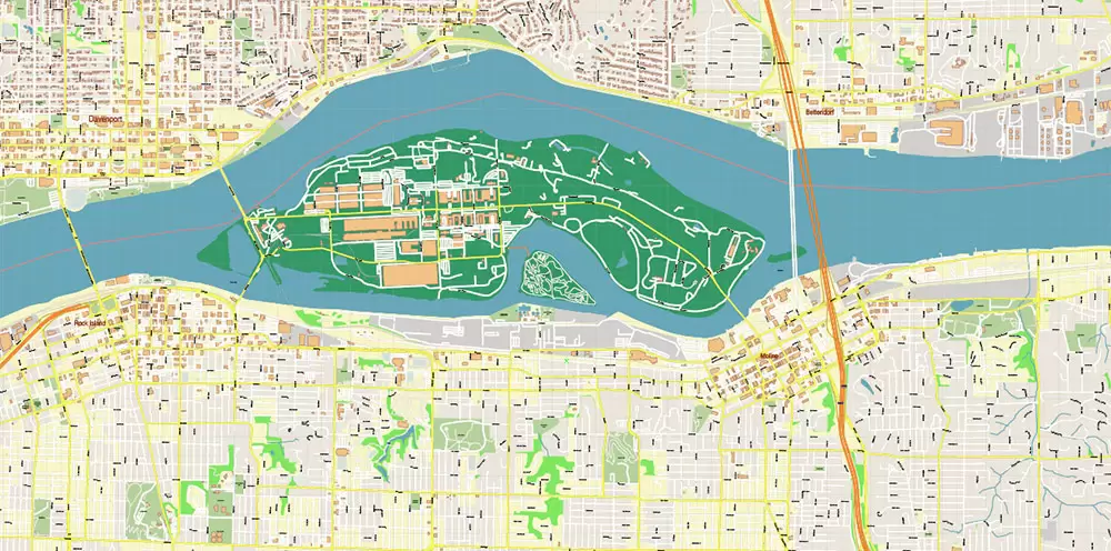 Davenport Area Iowa US PDF Vector Map: High Detailed editable Adobe PDF Map (included Muscatine, Iowa City, Cedar Rapids, Moline Illinois) in layers