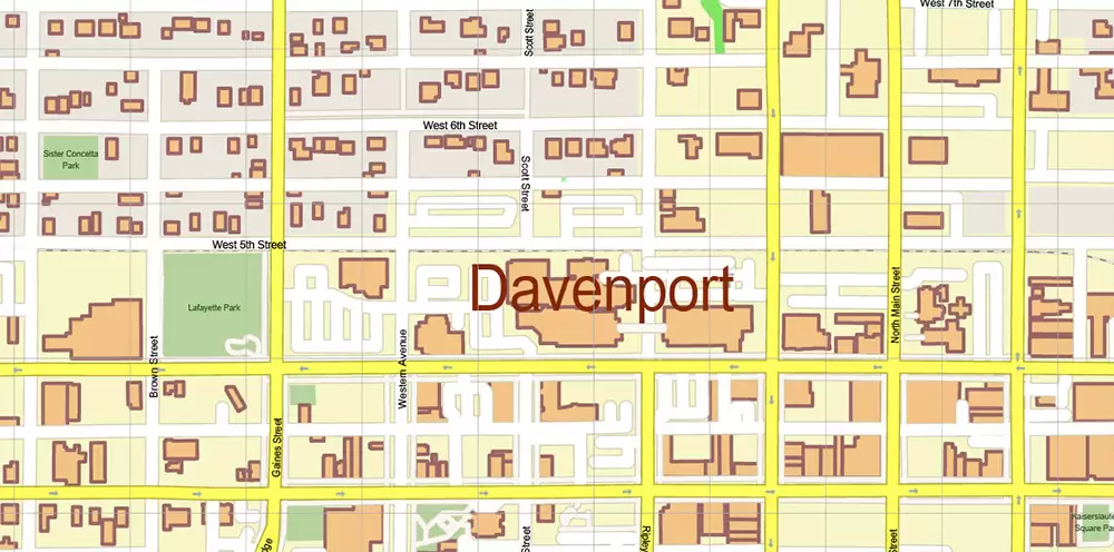 Davenport Area Iowa US PDF Vector Map: High Detailed editable Adobe PDF Map (included Muscatine, Iowa City, Cedar Rapids, Moline Illinois) in layers
