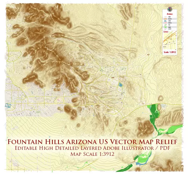 Fountain Hills Arizona US Vector Map PDF High Detailed + Relief Topo editable Adobe PDF in layers