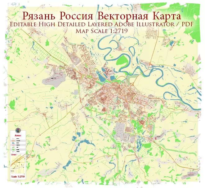 Ryazan Russia PDF Vector Map: High Detailed editable Adobe PDF in layers, + Housenumbers