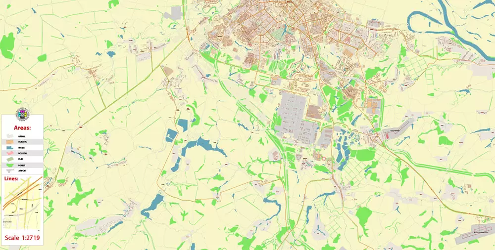 Ryazan Russia PDF Vector Map: High Detailed editable Adobe PDF in layers, + Housenumbers