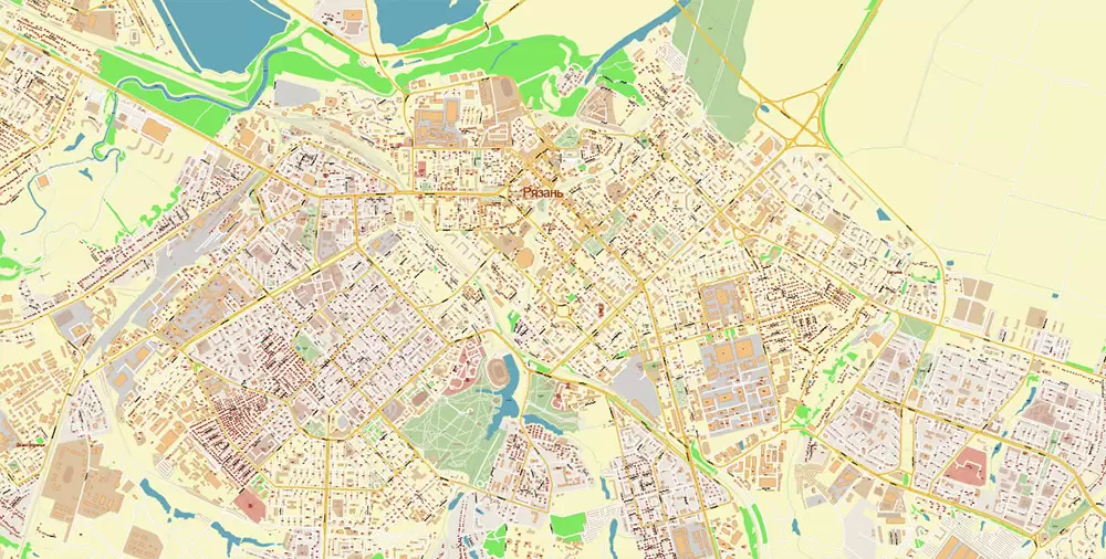 Ryazan Russia PDF Vector Map: High Detailed editable Adobe PDF in layers, + Housenumbers