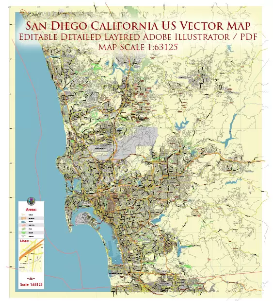 San Diego California US Map Vector Detailed editable Adobe Illustrator in layers