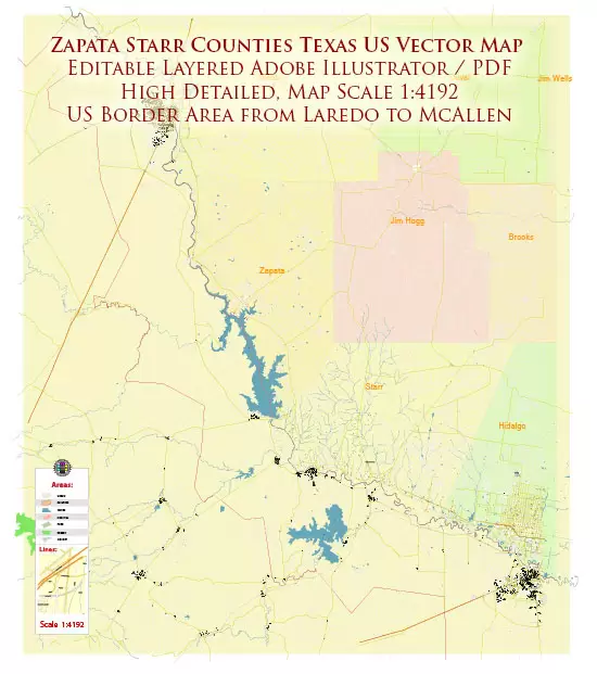 Zapata + Starr counties Texas US Map Vector High Detailed editable Adobe Illustrator in layers