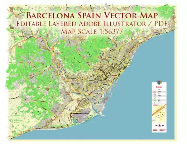 Barcelona Spain Map Vector City Plan Low Detailed (for small print size) Street Map editable Adobe Illustrator in layers