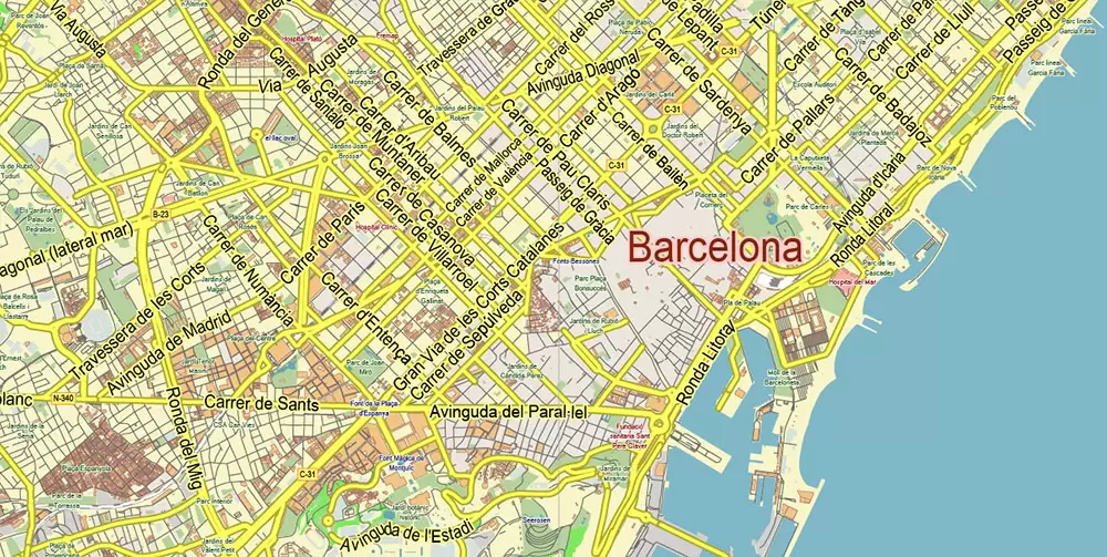 Barcelona Spain Map Vector City Plan Low Detailed (for small print size) Street Map editable Adobe Illustrator in layers