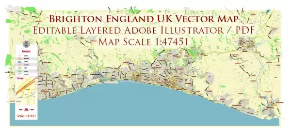 Brighton England UK Map Vector City Plan Low Detailed (for small print size) Street Map editable Adobe Illustrator in layers