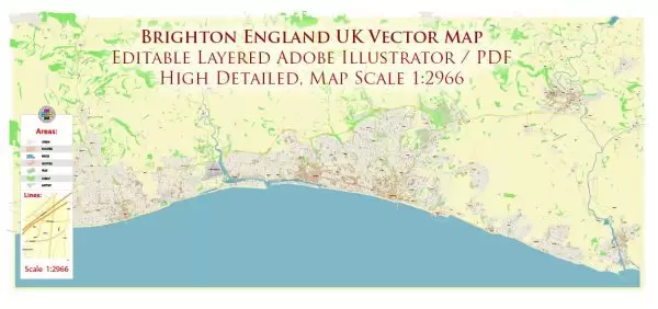 Brighton England UK Map Vector City Plan High Detailed Street Map editable Adobe Illustrator in layers