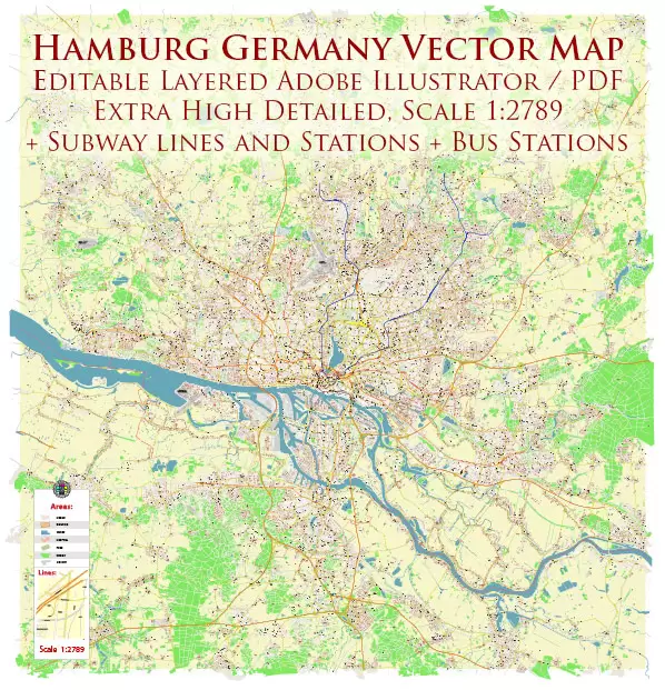 Hamburg Germany Vector Map: Full Extra High Detailed (+ subway lines and stations + all bus stops) editable Adobe Illustrator in layers