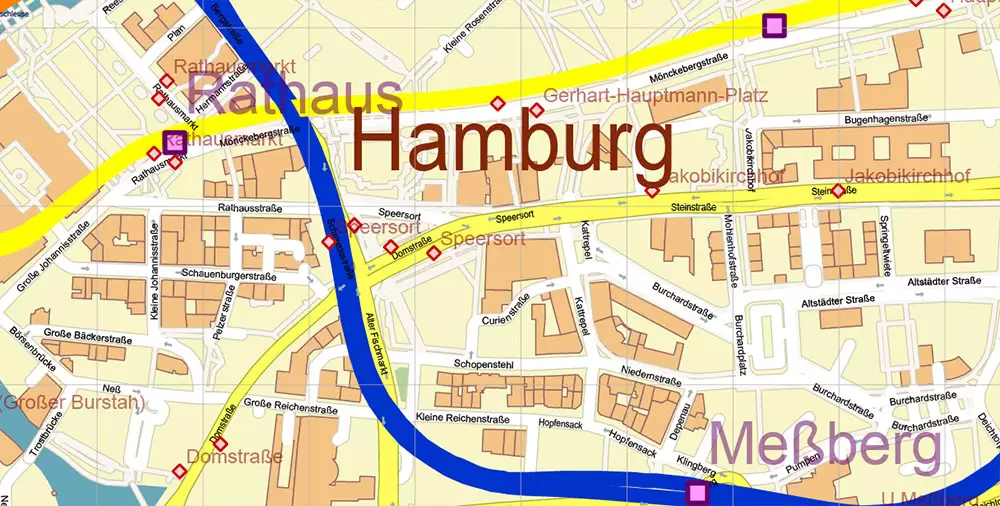 Hamburg Germany PDF Vector Map: Full Extra High Detailed (+ subway lines and stations + all bus stops) editable Adobe PDF in layers