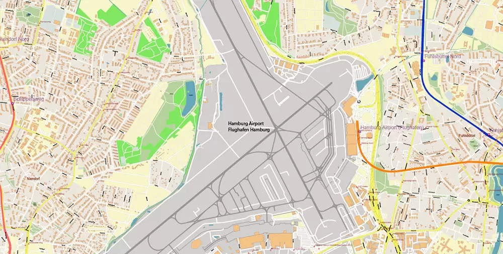 Hamburg Germany PDF Vector Map: Full Extra High Detailed (+ subway lines and stations + all bus stops) editable Adobe PDF in layers