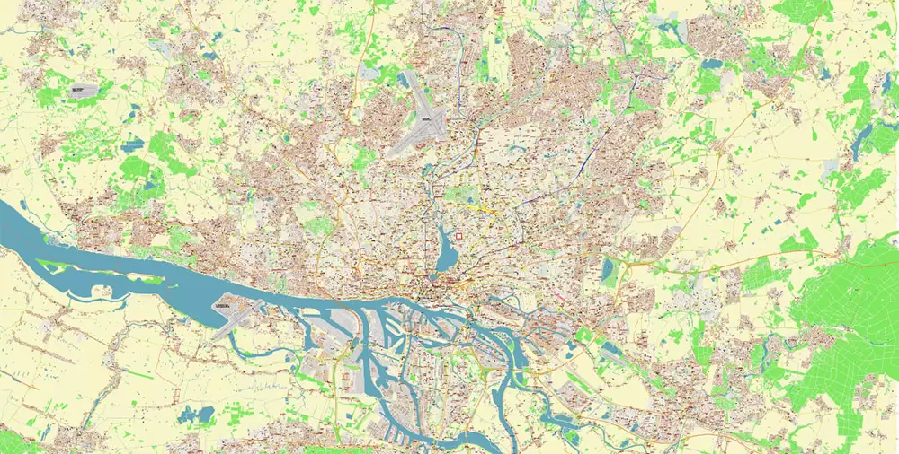 Hamburg Germany PDF Vector Map: Full Extra High Detailed (+ subway lines and stations + all bus stops) editable Adobe PDF in layers