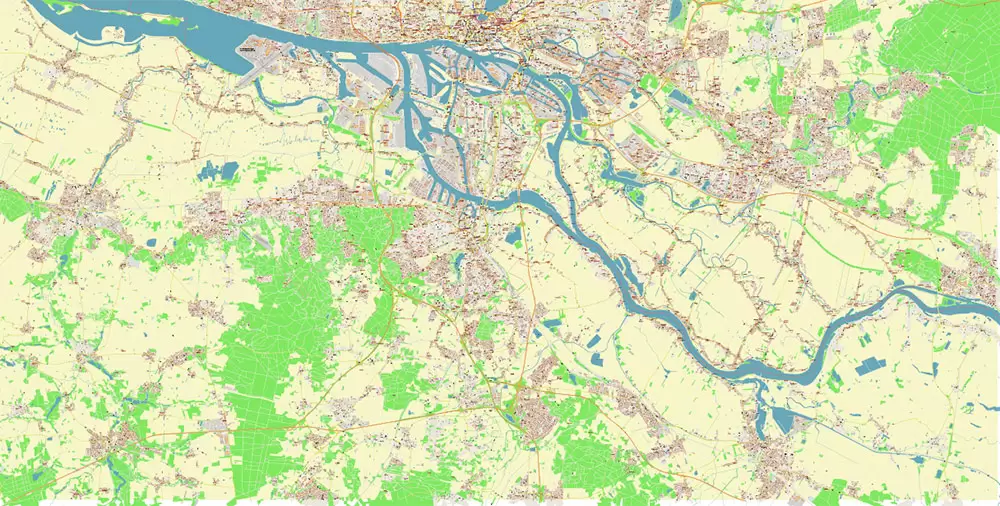 Hamburg Germany PDF Vector Map: Full Extra High Detailed (+ subway lines and stations + all bus stops) editable Adobe PDF in layers