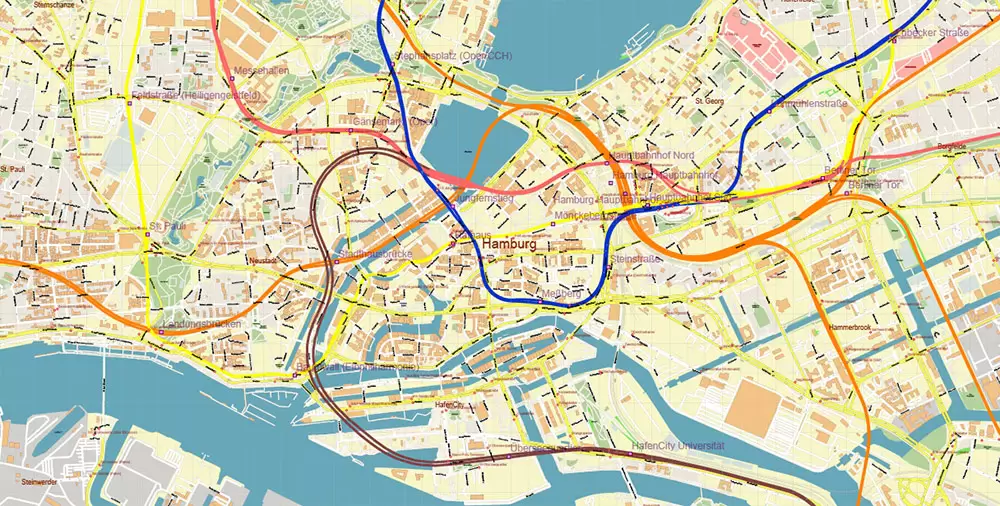 Hamburg Germany PDF Vector Map: Full Extra High Detailed (+ subway lines and stations + all bus stops) editable Adobe PDF in layers