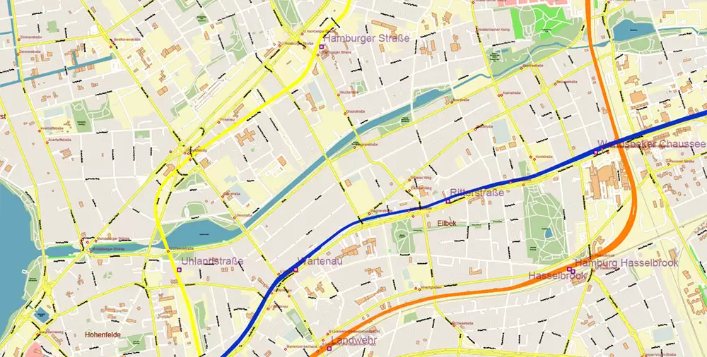 Hamburg Germany PDF Vector Map: Full Extra High Detailed (+ subway lines and stations + all bus stops) editable Adobe PDF in layers