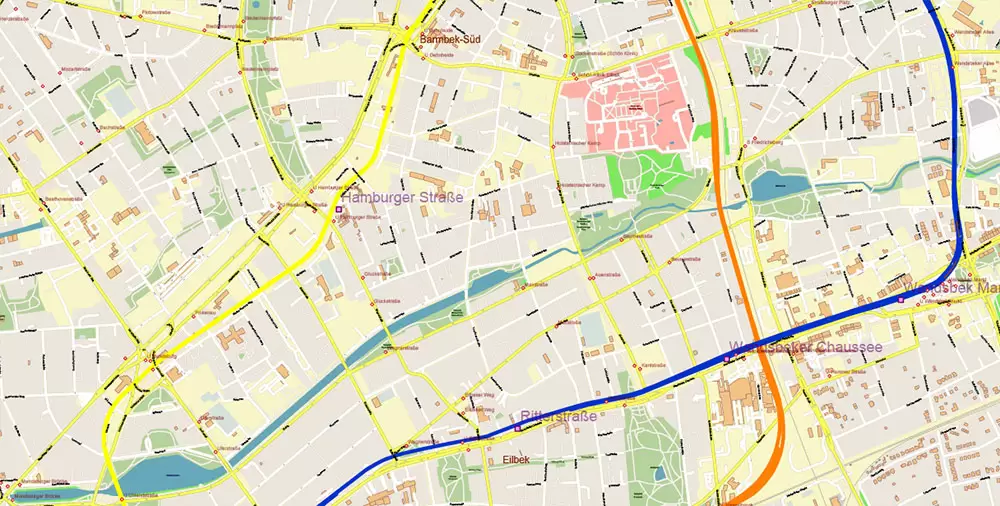 Hamburg Germany PDF Vector Map: Full Extra High Detailed (+ subway lines and stations + all bus stops) editable Adobe PDF in layers