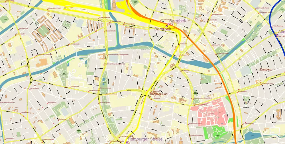 Hamburg Germany PDF Vector Map: Full Extra High Detailed (+ subway lines and stations + all bus stops) editable Adobe PDF in layers