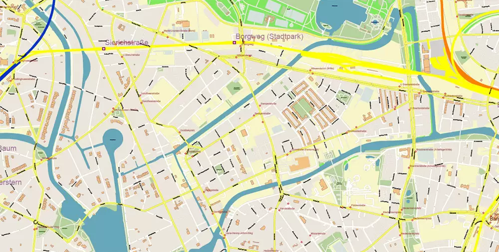 Hamburg Germany PDF Vector Map: Full Extra High Detailed (+ subway lines and stations + all bus stops) editable Adobe PDF in layers
