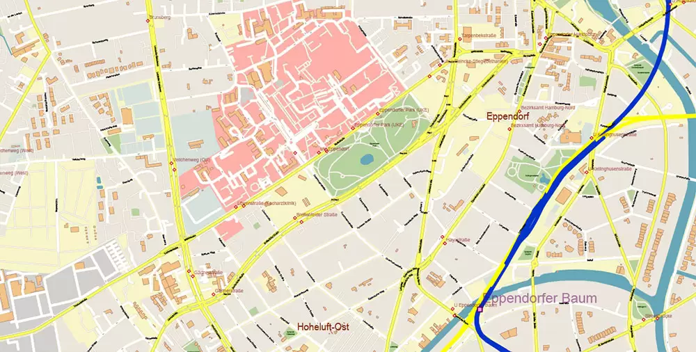 Hamburg Germany PDF Vector Map: Full Extra High Detailed (+ subway lines and stations + all bus stops) editable Adobe PDF in layers