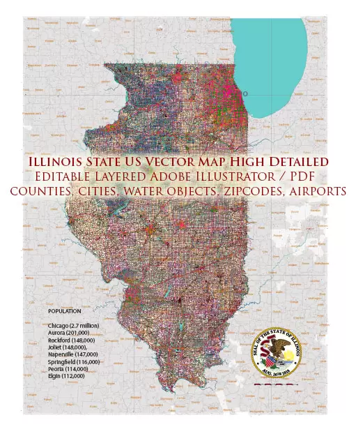 Illinois State US Map Vector Exact Roads Plan High Detailed Street Map + Counties + Zipcodes editable Adobe Illustrator in layers