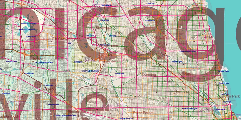 Illinois State US Map Vector Exact Roads Plan High Detailed Street Map + Counties + Zipcodes editable Adobe Illustrator in layers