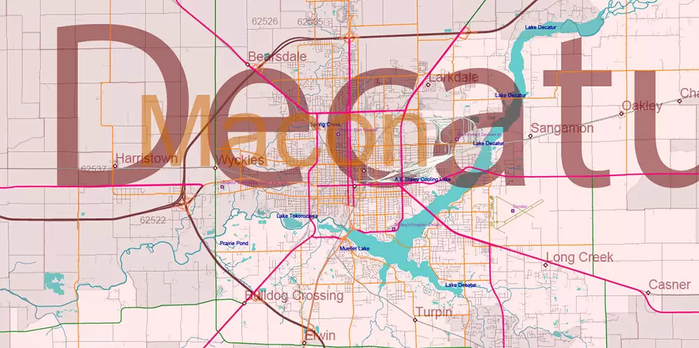 Illinois State US Map Vector Exact Roads Plan High Detailed Street Map + Counties + Zipcodes editable Adobe Illustrator in layers