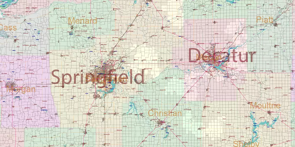 Illinois State US Map Vector Exact Roads Plan High Detailed Street Map + Counties + Zipcodes editable Adobe Illustrator in layers