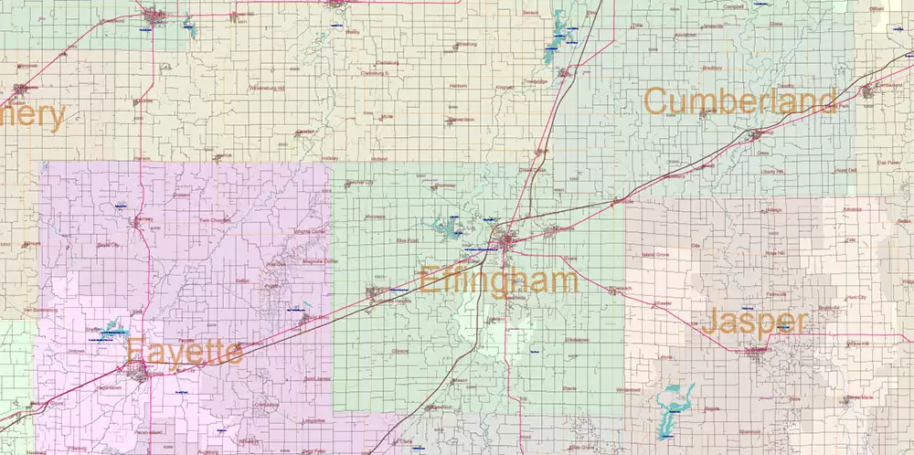 _Illinois State US Map Vector Exact Roads Plan High Detailed Street Map + Counties + Zipcodes editable Adobe Illustrator in layers