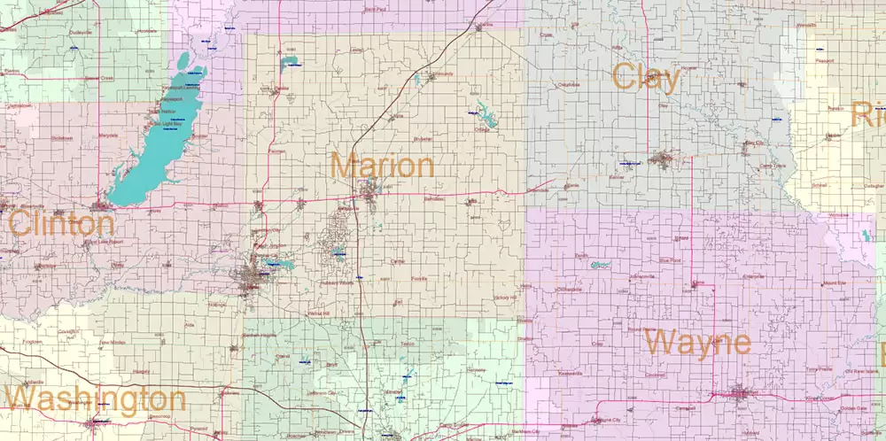 Illinois State US Map Vector Exact Roads Plan High Detailed Street Map + Counties + Zipcodes editable Adobe Illustrator in layers