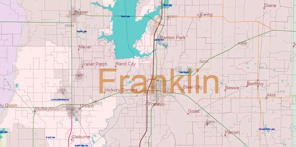 Illinois State US Map Vector Exact Roads Plan High Detailed Street Map + Counties + Zipcodes editable Adobe Illustrator in layers