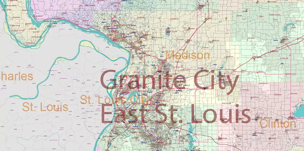 Illinois State US Map Vector Exact Roads Plan High Detailed Street Map + Counties + Zipcodes editable Adobe Illustrator in layers