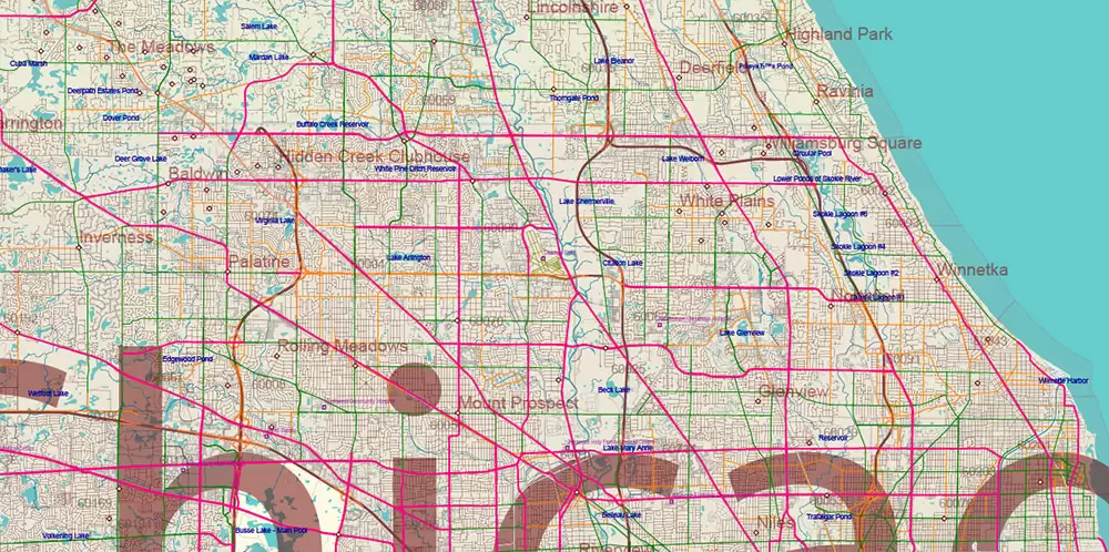 Illinois State US Map Vector Exact Roads Plan High Detailed Street Map + Counties + Zipcodes editable Adobe Illustrator in layers