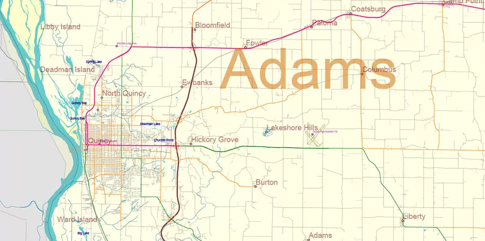 Illinois State US Map Vector Exact Roads Plan High Detailed Street Map + Counties + Zipcodes editable Adobe Illustrator in layers