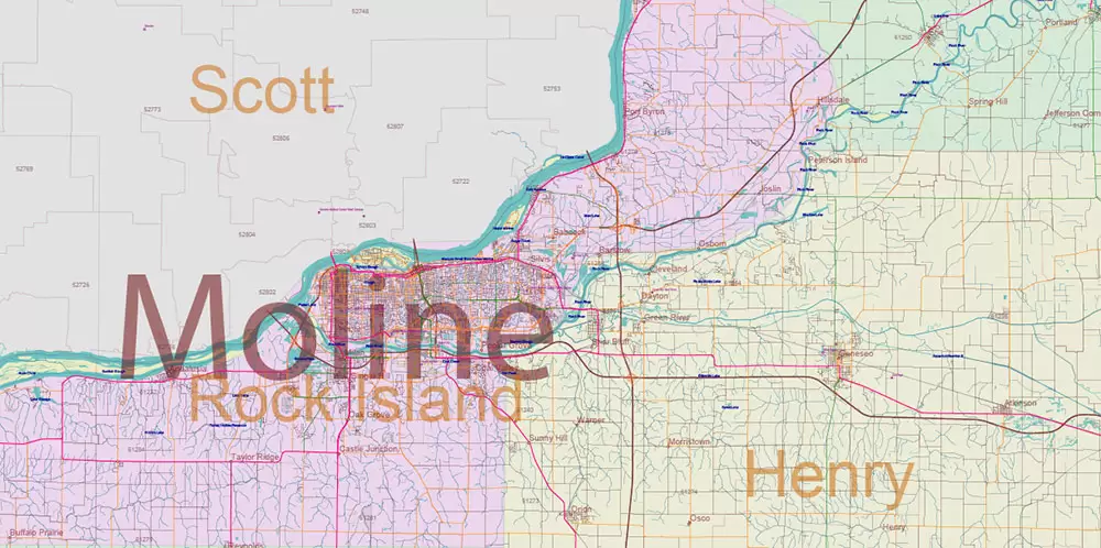 Illinois State US Map Vector Exact Roads Plan High Detailed Street Map + Counties + Zipcodes editable Adobe Illustrator in layers