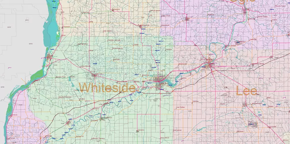 Illinois State US Map Vector Exact Roads Plan High Detailed Street Map + Counties + Zipcodes editable Adobe Illustrator in layers