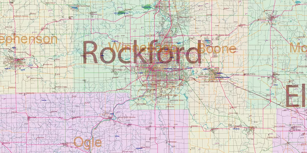 Illinois State US Map Vector Exact Roads Plan High Detailed Street Map + Counties + Zipcodes editable Adobe Illustrator in layers