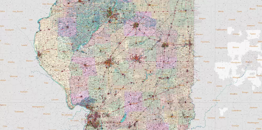 Illinois State US Map Vector Exact Roads Plan High Detailed Street Map + Counties + Zipcodes editable Adobe Illustrator in layers